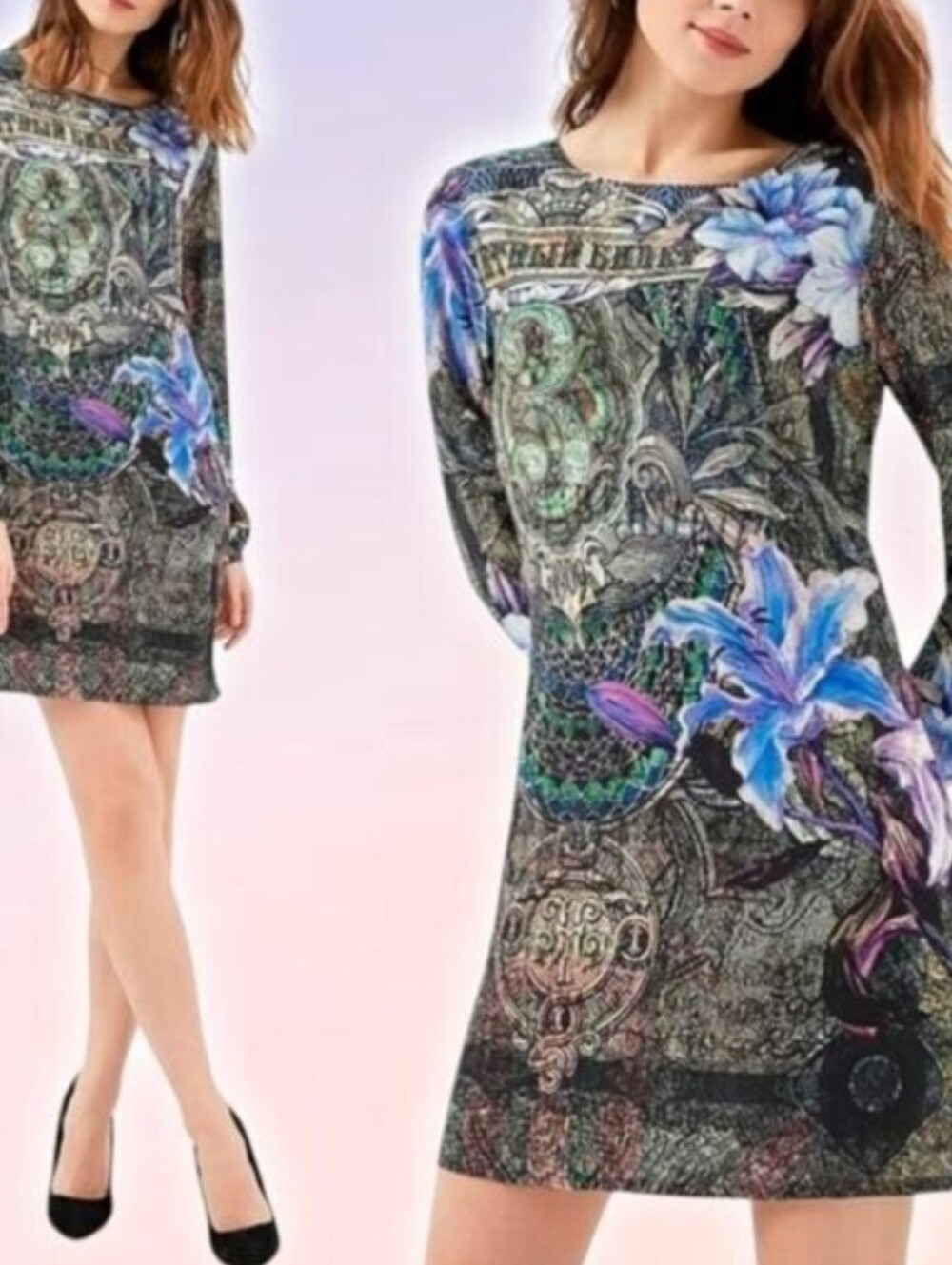 ✨️DESIGUAL Raul Gothic Theme Long Sleeve Shift Mini Dress Sz Small Lined✨️